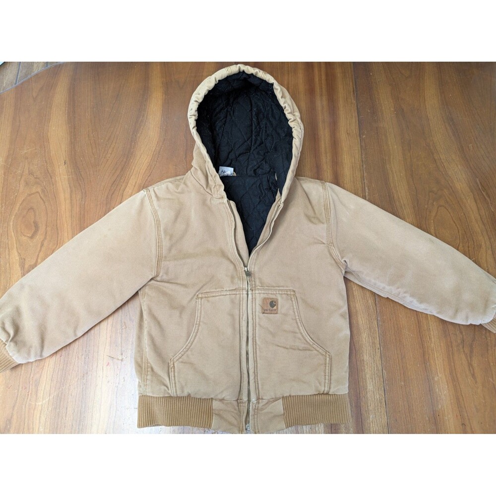 Carhartt Duck Canvas Jacket Hooded Insulated Quilted Lined Youth 8/10 Workwear
